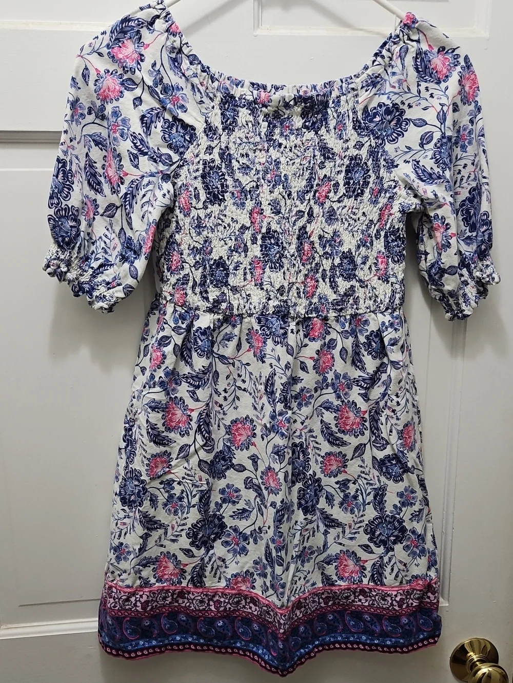 Old Navy White Dress with Blue & Pink Floral Print Girls 10/12